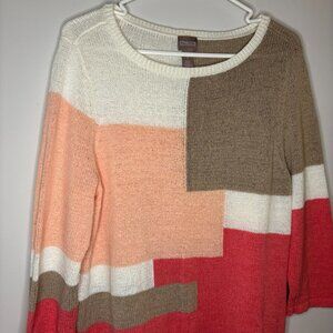 CHICO'S Colorblock Sweater Womens 1 (Small) Pinks White Tan Long 3/4 Sleeve